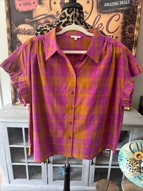 Jodifil  Pink & Orange Plaid Button-Front Ruffle Sleeve Top  Sz L